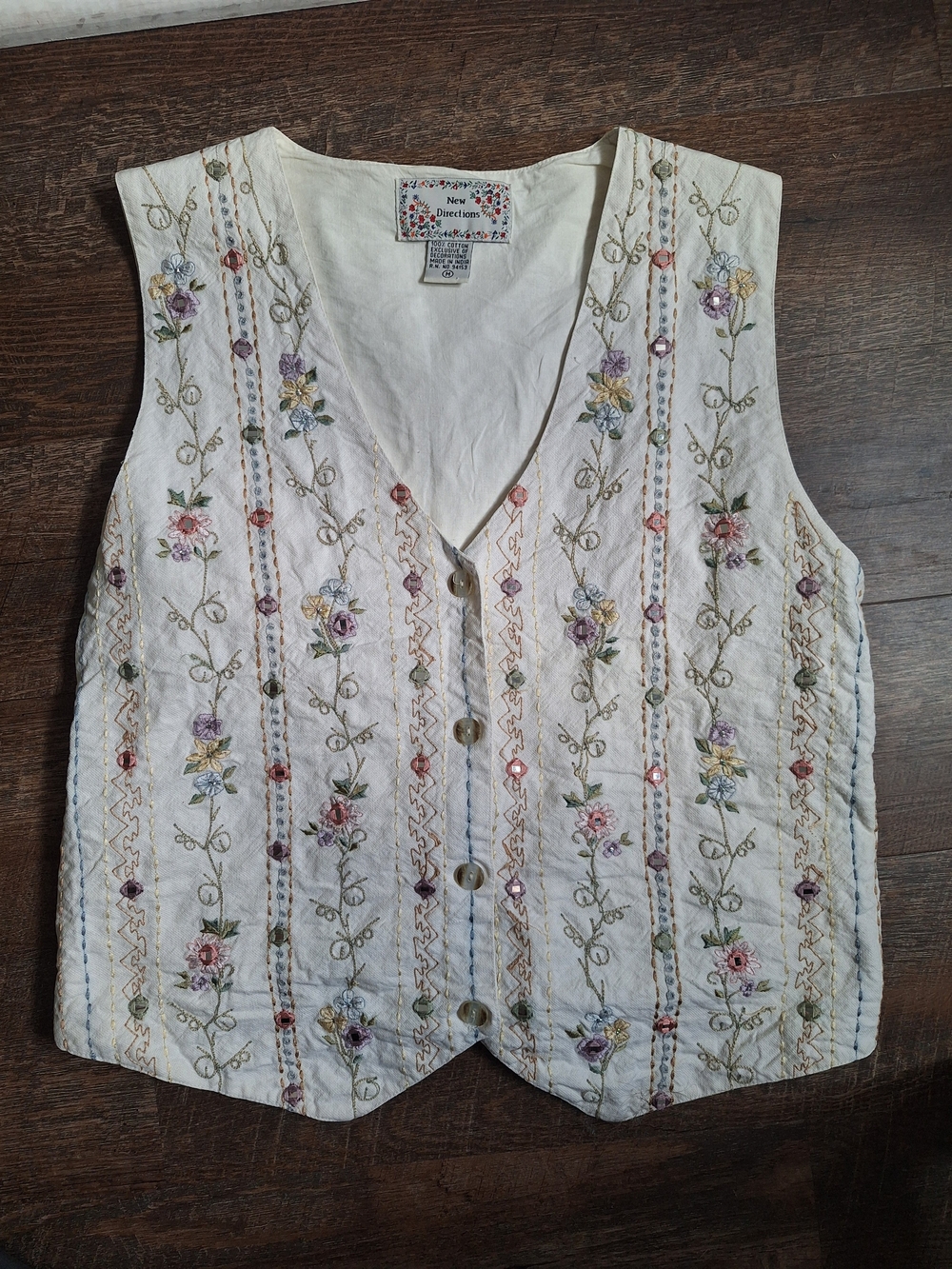 New Directions Women's Cream Embroidered Floral Button Vest
